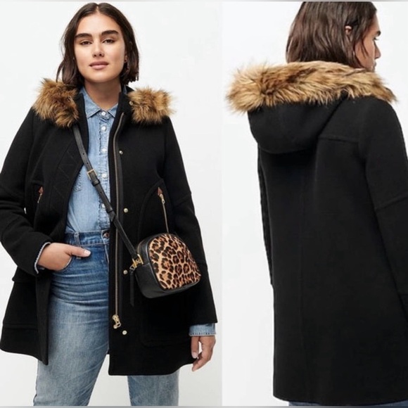 J. Crew Jackets & Blazers - J.Crew Chateau Parka Italian wool black Stadium Cloth Faux Fur Hood Coat size 10